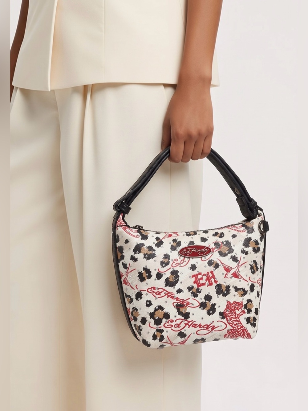Ed Hardy White Leopard-Print Shoulder Bag with Black Trim and Red Details NWT
